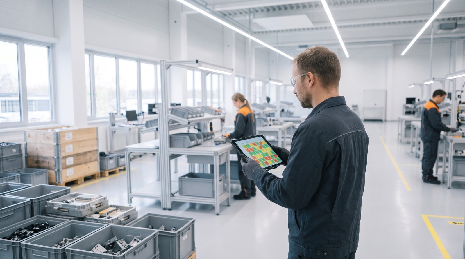 Meister prüft neben einer Montagelinie auf einem Tablet eine Qualifikationsübersicht seines Teams