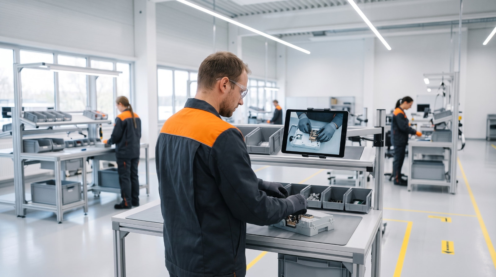 Werker an einem Montagearbeitsplatz folgt einer Schritt-für-Schritt-Videoanweisung auf einem Tablet neben dem Werkstück