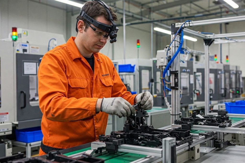 A man recording a video on a manufacturing line