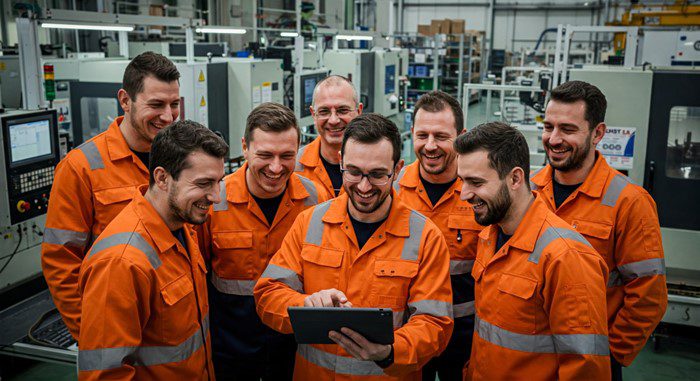 Gruppe von Mitarbeitenden betrachtet digitale Arbeitsanweisungen