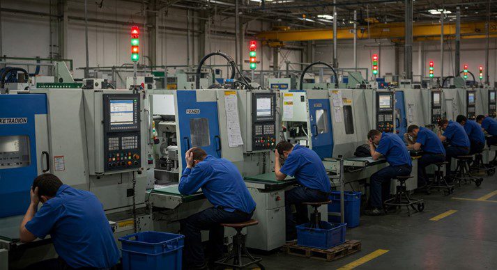 Factory workers at workstations stopping work