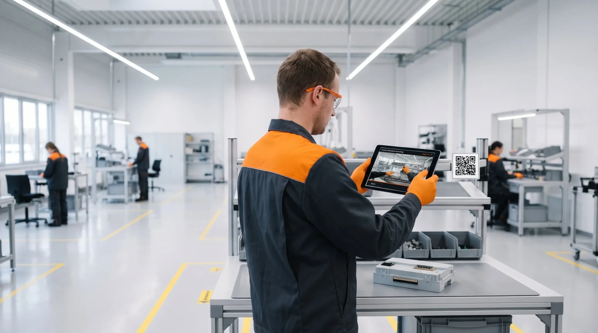 Operator at his workstation holding a tablet that shows the video work instruction for this station, next to a QR code on the workstation
