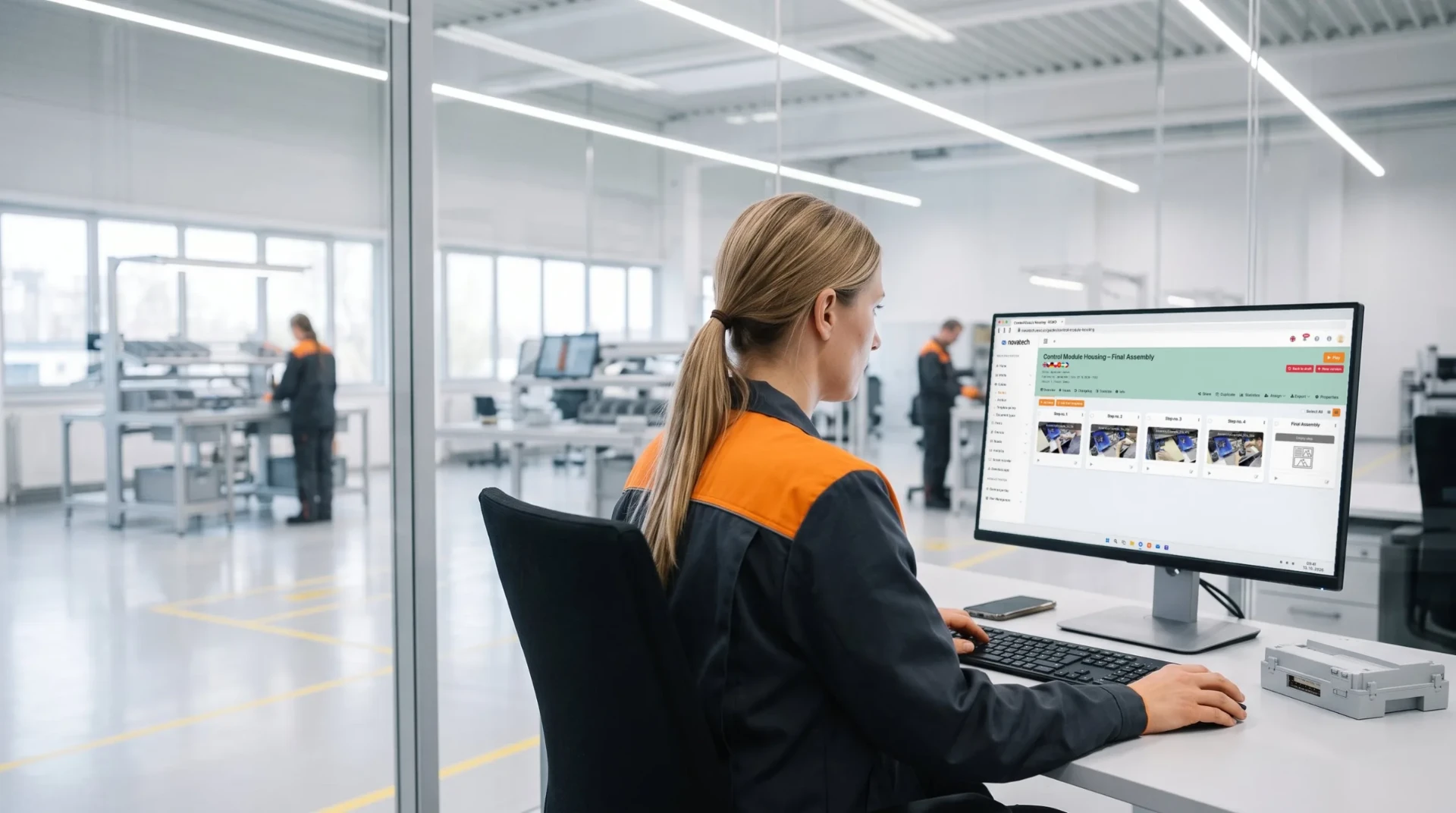 Process engineer at her desk beside the production hall, editing a work instruction in REWO on a large monitor
