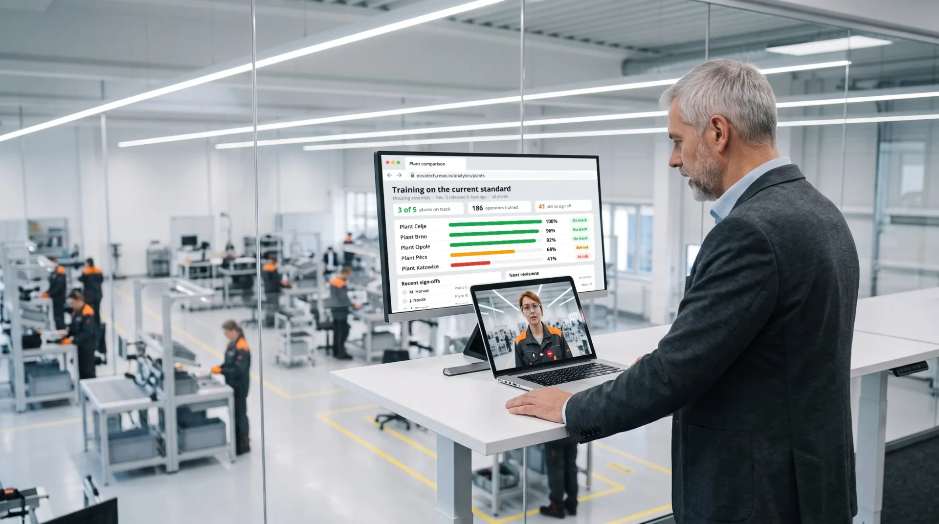 Head of operations on a video call with a colleague at another plant, with a plant comparison on his monitor, in a glass office above the production hall