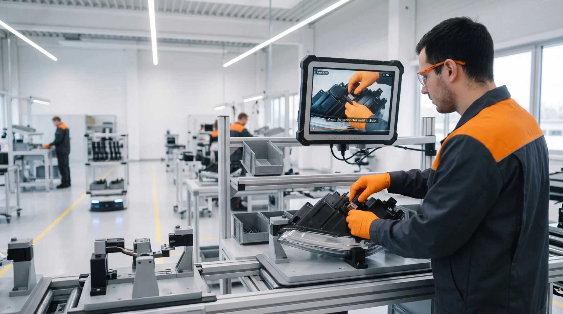 Operator on an automotive assembly line fitting a connector to a headlamp, with the video instruction for that step on the station screen