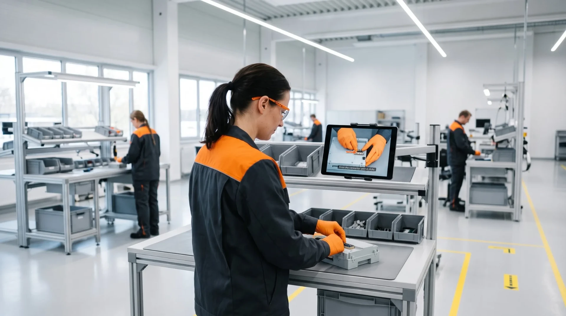 Operator in an orange-trimmed ESD jacket assembling an electronic module while a tablet beside her shows a video work instruction of the same step, with a subtitle and an orange arrow