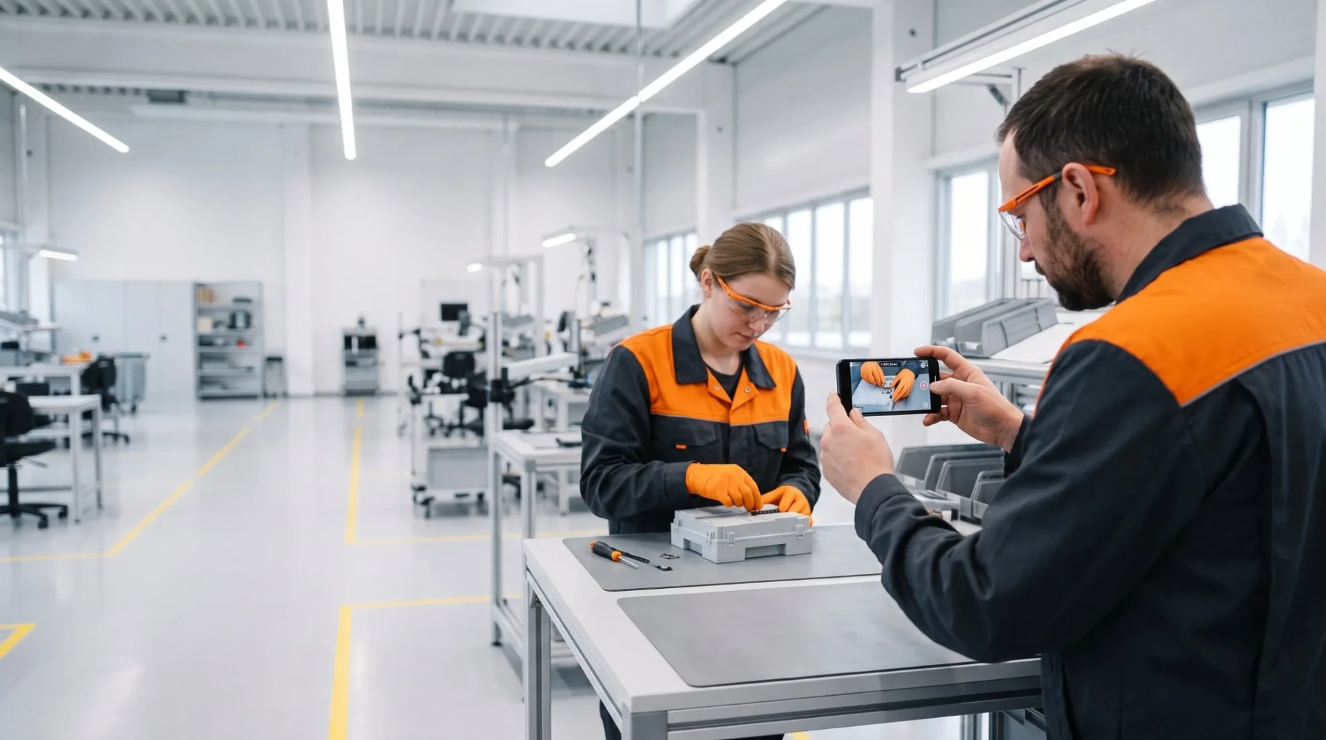 Process engineer recording a technician's assembly step on his smartphone